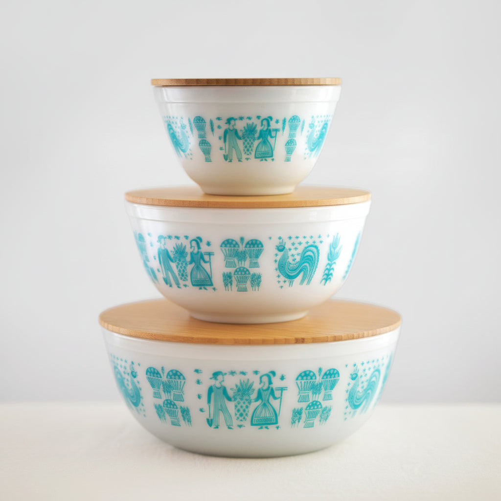 Stack of four pyrex ceramic bowls with turquoise patterns on a white background